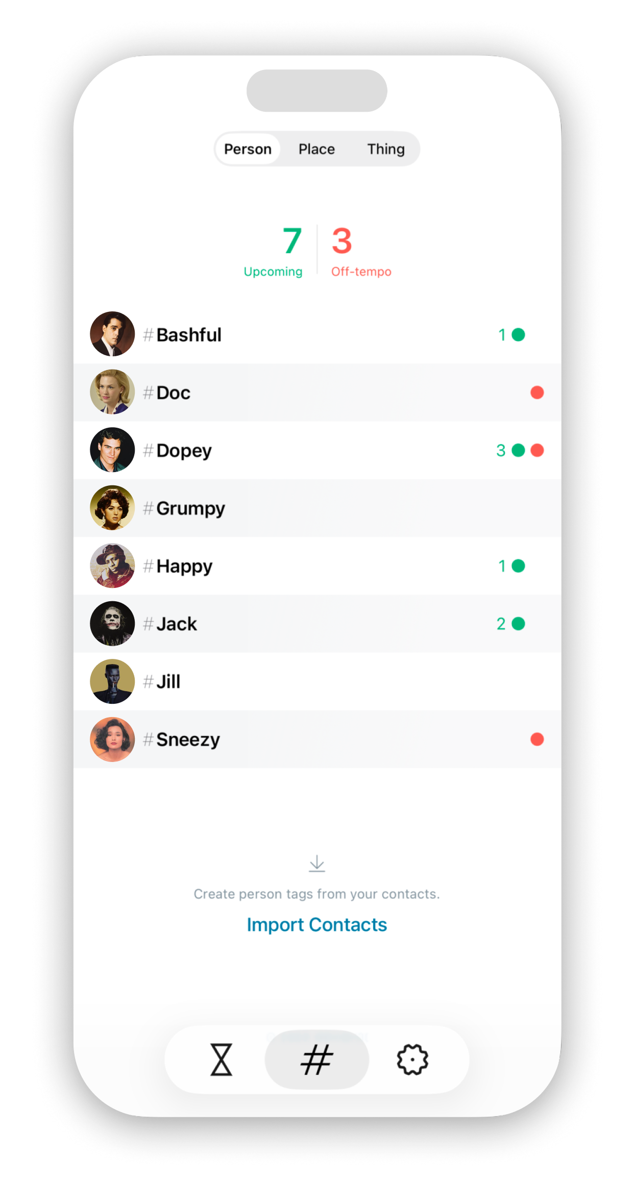 memorist Tempo screen showing relationship tracking with on-tempo and off-tempo contacts
