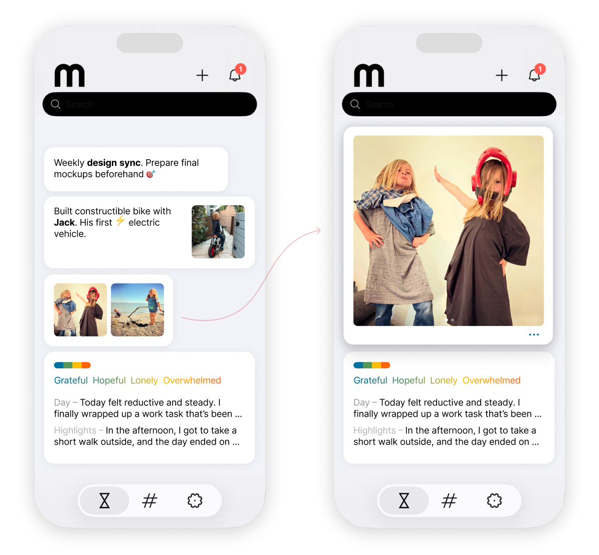 memorist iPhone app showing a journal timeline and a photo entry expanded to full size